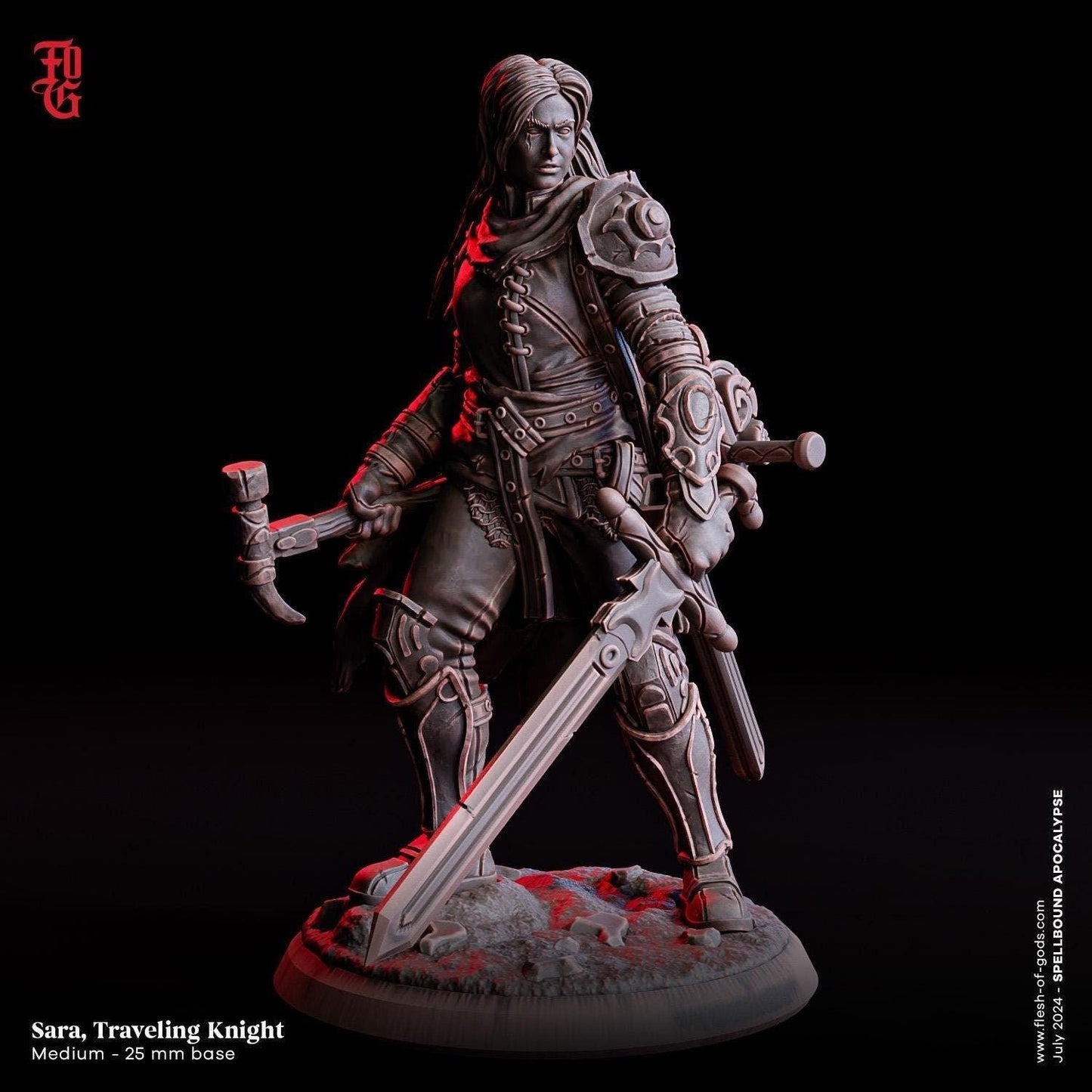 Sara, Traveling Knight Miniature | Female Human Fighter | 32mm Scale or 75mm Scale - Plague Miniatures