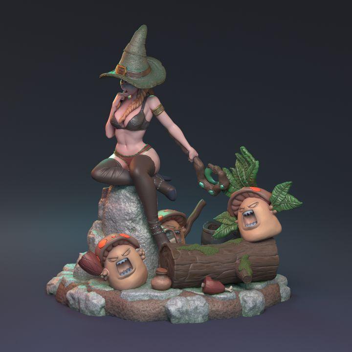 Sexy Bikini Clad Female Witch Miniature with Angry Mushrooms, detailed forest base | 32mm Scale or 75mm Scale - Plague Miniatures