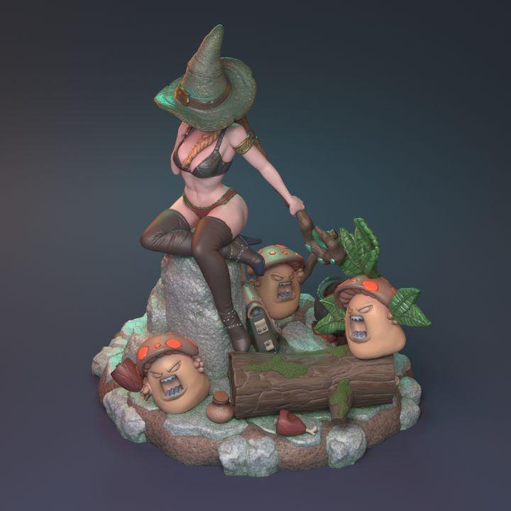 Sexy Bikini Clad Female Witch Miniature with Angry Mushrooms, detailed forest base | 32mm Scale or 75mm Scale - Plague Miniatures