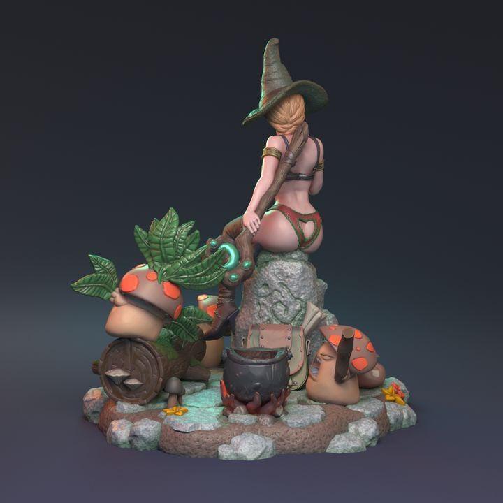 Sexy Bikini Clad Female Witch Miniature with Angry Mushrooms, detailed forest base | 32mm Scale or 75mm Scale - Plague Miniatures