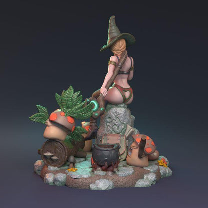 Sexy Bikini Clad Female Witch Miniature with Angry Mushrooms, detailed forest base | 32mm Scale or 75mm Scale - Plague Miniatures