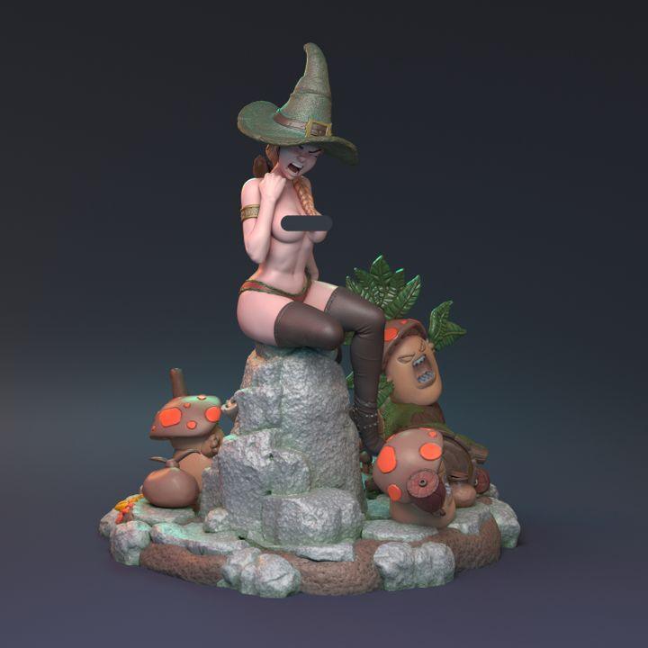 Sexy Bikini Clad Female Witch Miniature with Angry Mushrooms, detailed forest base | 32mm Scale or 75mm Scale - Plague Miniatures