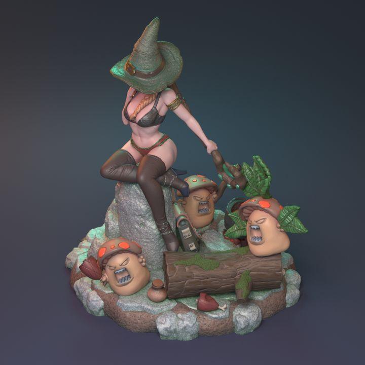 Sexy Female Witch Miniature with Angry Mushrooms | Detailed Forest Base | 32mm Scale or 75mm Scale - Plague Miniatures