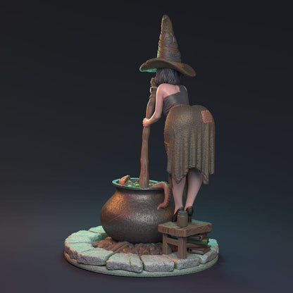 Sexy Female Witch Miniature with Boiling Cauldron | 32mm Scale or 75mm Scale - Plague Miniatures