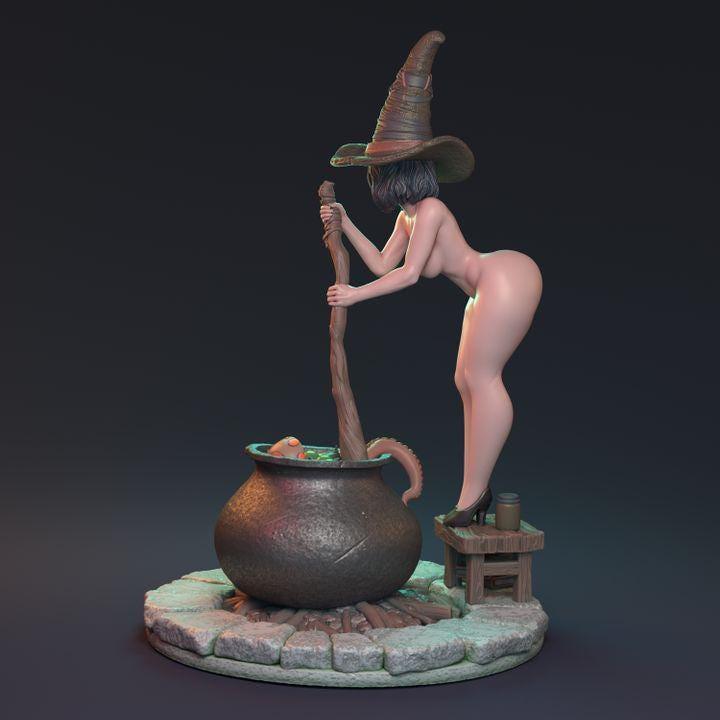 Sexy Female Witch Miniature with Boiling Cauldron | 32mm Scale or 75mm Scale - Plague Miniatures