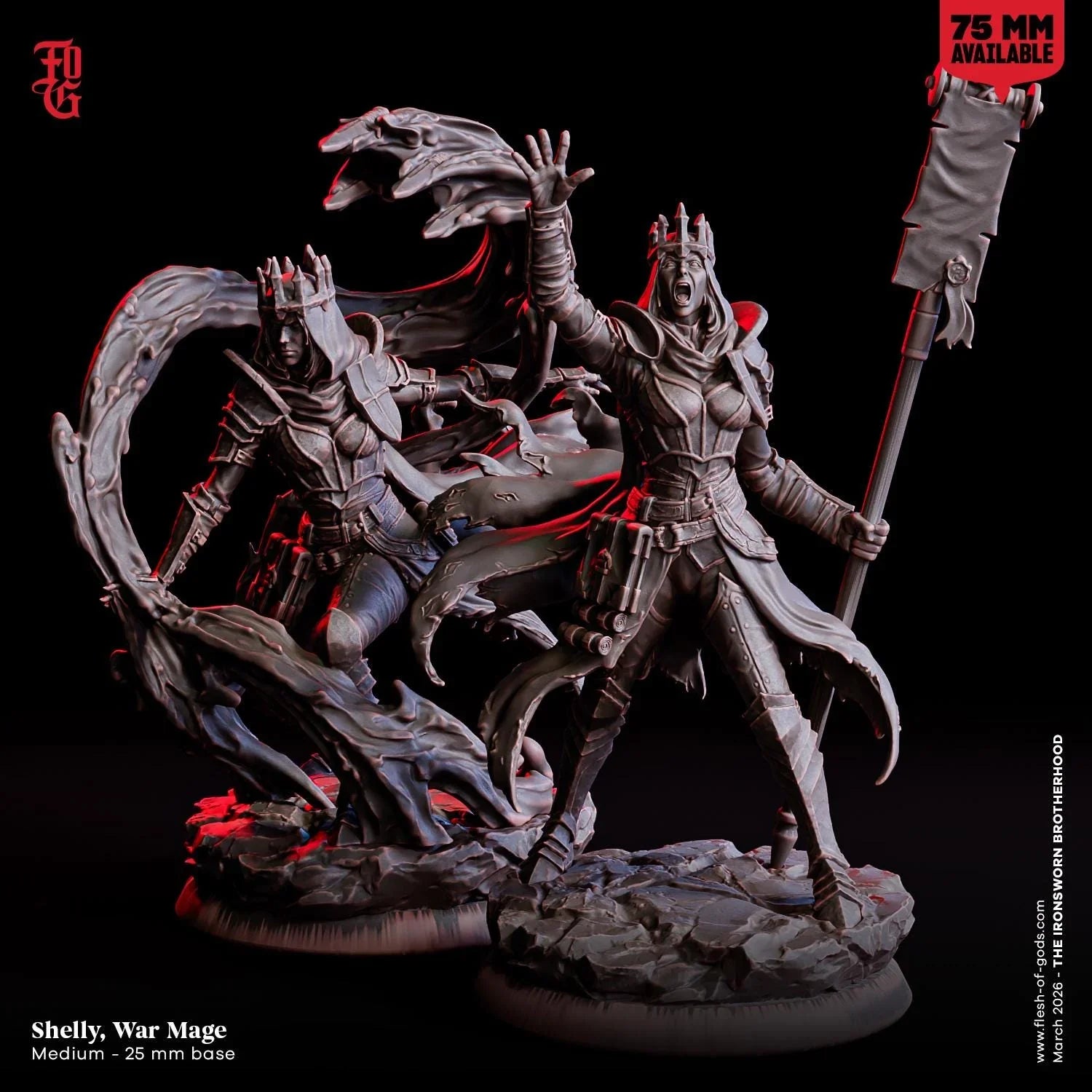 Shelly, War Mage Miniature | Female Human Warlock Battle Spellcaster Figurine | 32mm Scale or 75mm Scale - Plague Miniatures