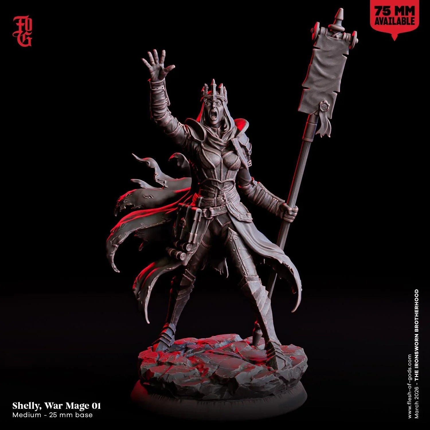 Shelly, War Mage Miniature | Human Female Spellcaster Warlock with Spell Effect | 32mm Scale or 75mm Scale - Plague Miniatures