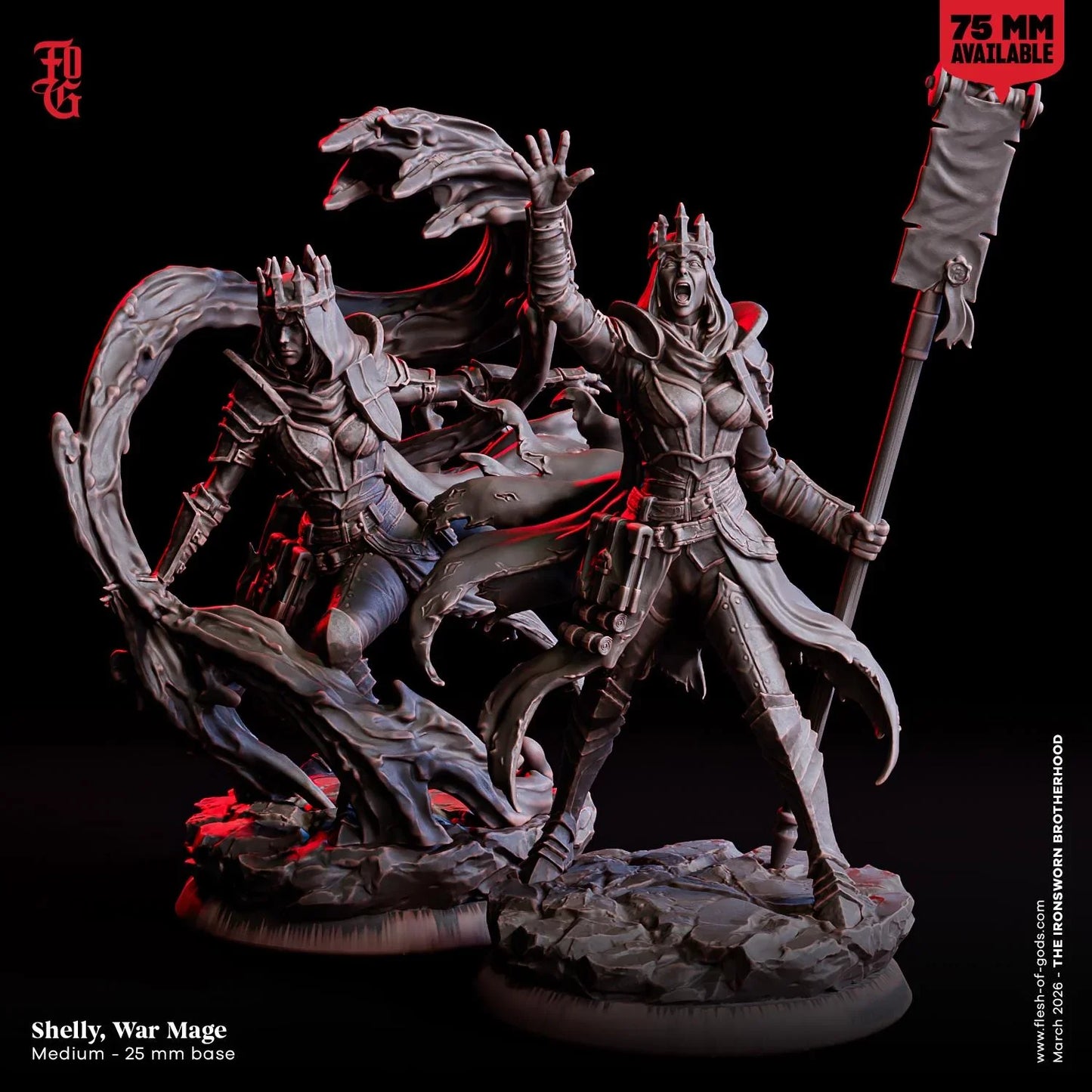 Shelly, War Mage Miniature | Human Female Spellcaster Warlock with Spell Effect | 32mm Scale or 75mm Scale - Plague Miniatures