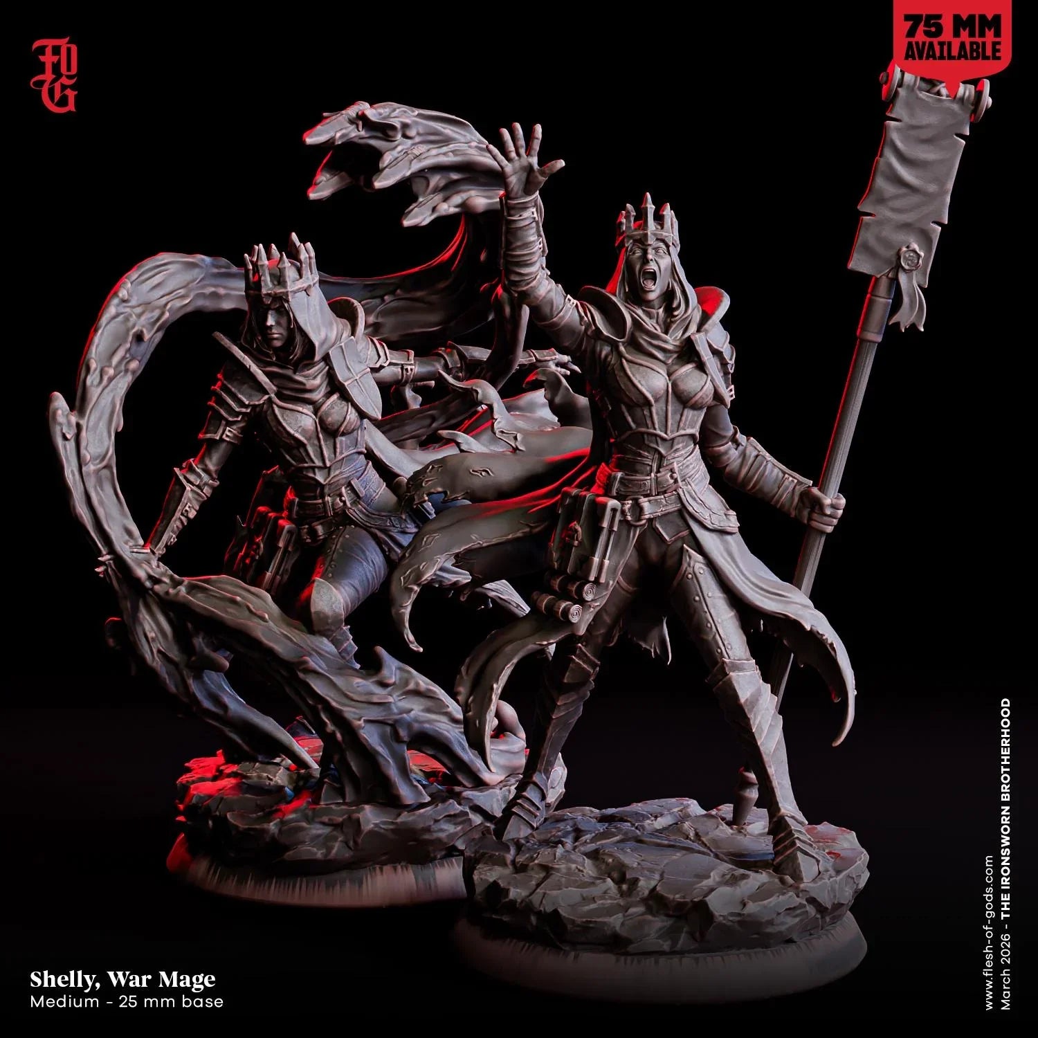 Shelly, War Mage Miniature | Human Female Spellcaster Warlock with Spell Effect | 32mm Scale or 75mm Scale - Plague Miniatures