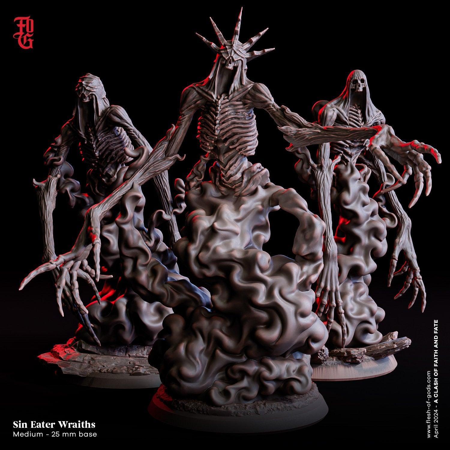 Sin Eater Miniatures Set | 3 Poses of Necromancer Wraith Undead Skeleton Monster Figurines | 32mm Scale - Plague Miniatures