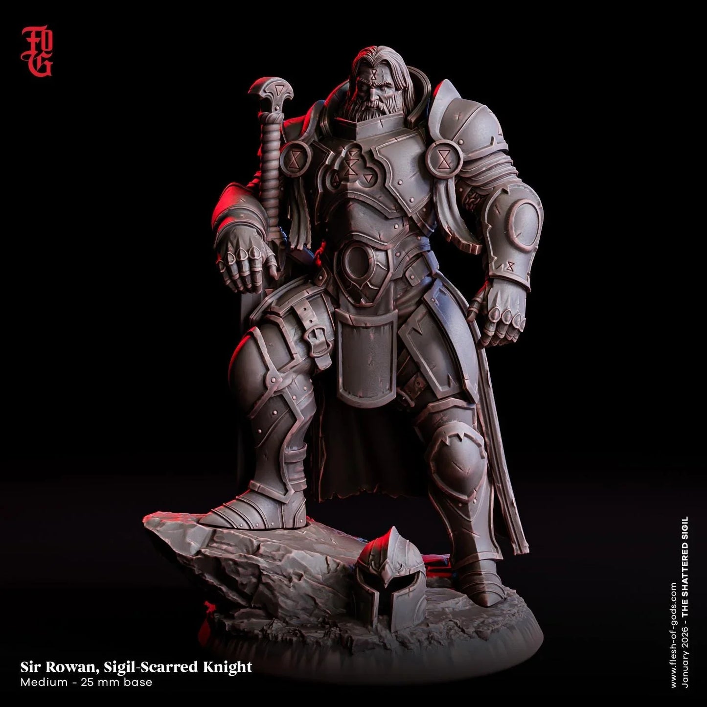 Sir Rowan, Sigil-Scarred Knight Miniature | Human Fighter Warrior Figurine | 32mm Scale or 75mm Scale - Plague Miniatures