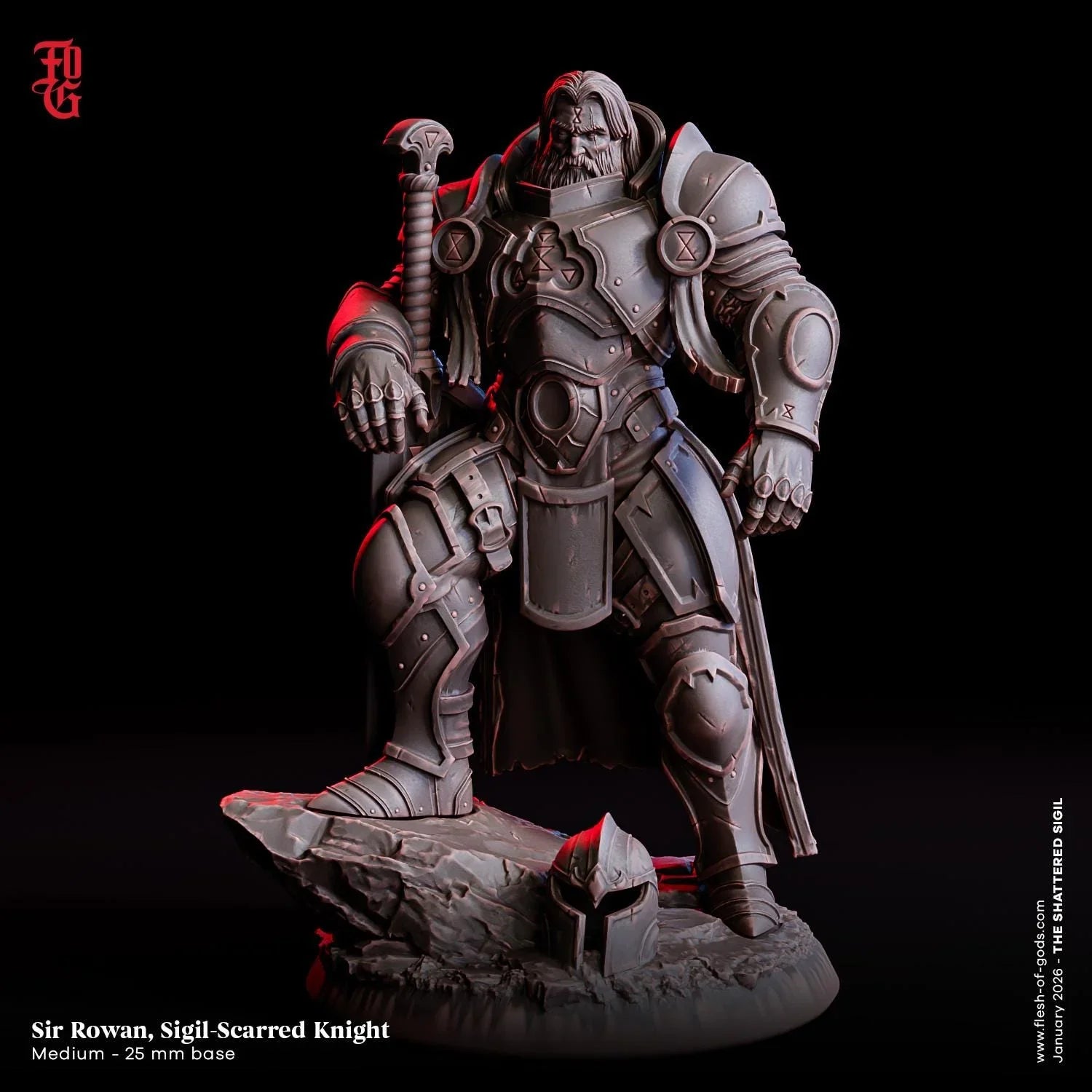 Sir Rowan, Sigil-Scarred Knight Miniature | Human Fighter Warrior Figurine | 32mm Scale or 75mm Scale - Plague Miniatures