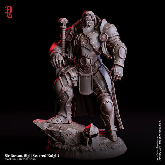 Sir Rowan, Sigil-Scarred Knight Miniature | Human Fighter Warrior Figurine | 32mm Scale or 75mm Scale - Plague Miniatures