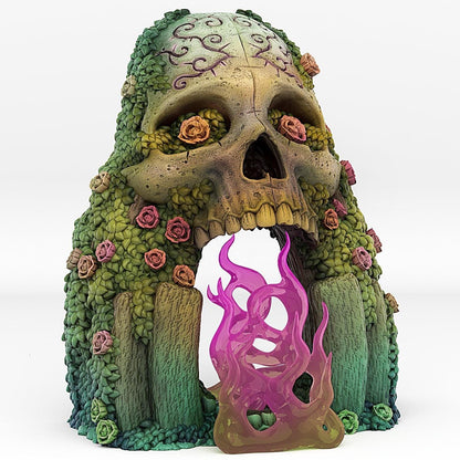 Skull Portal Miniature with Flowers | Fire Effect Dungeon Terrain Prop | 28mm or 32mm Scale - Plague Miniatures