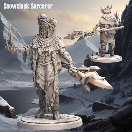 Snowcloak Sorcerer Miniature | Human Spellcaster Figure | 32mm Scale - Plague Miniatures