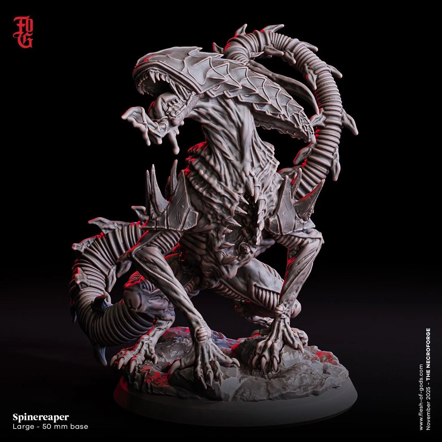 Spiketailed alien monster miniature, SpineReaper, on a 50mm base against a black background