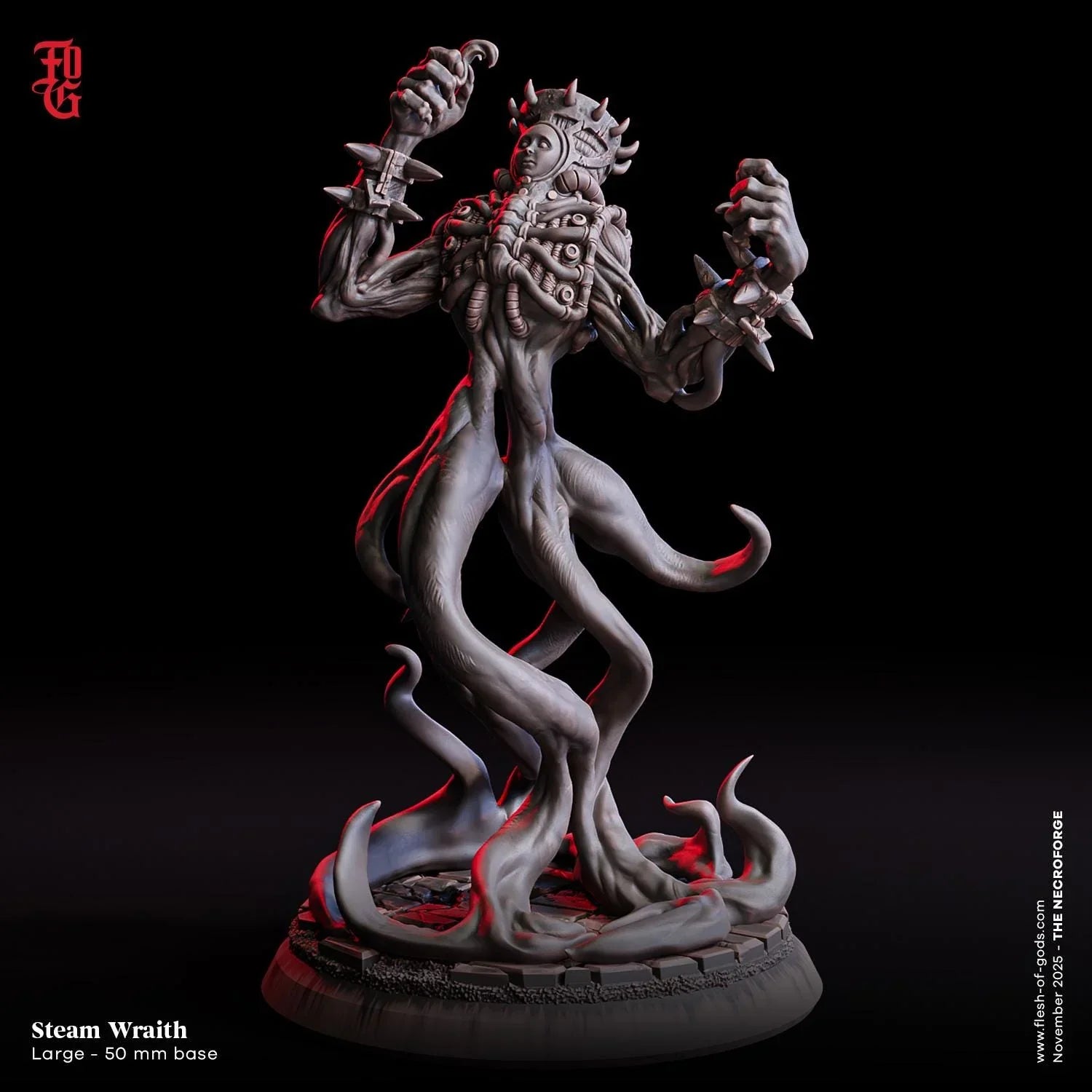 Steam Wraith miniature, large 50mm base, tentacled fantasy monster with crown, dark background