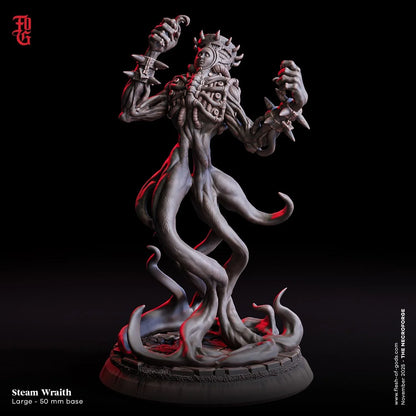 Steam Wraith miniature, large 50mm base, tentacled fantasy monster with crown, dark background