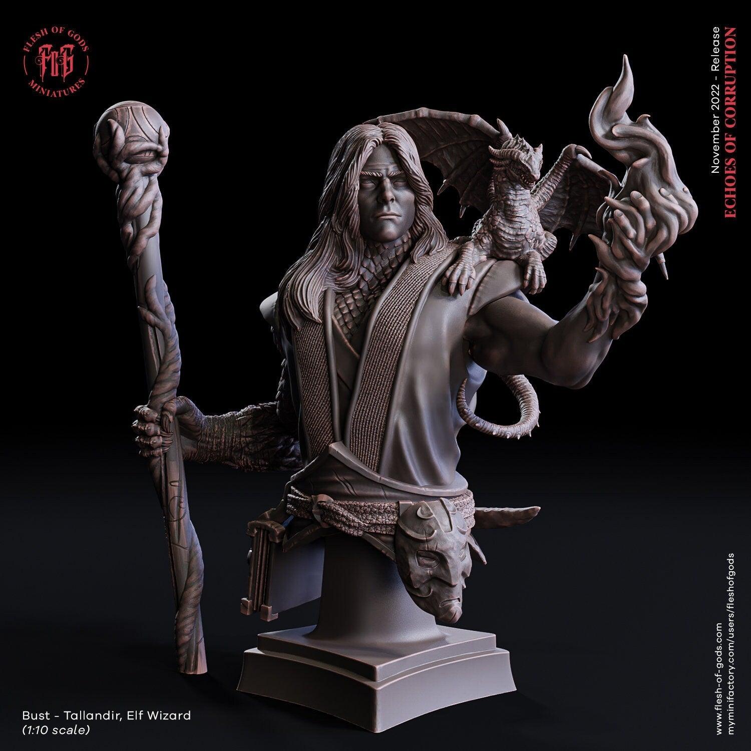 Talandir Elf Wizard Bust | Master of Arcane Arts with Dragon Companion - Plague Miniatures