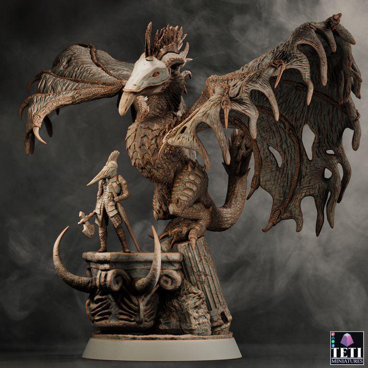 Tindra, Female Wyvern with her Handler Miniature | Large Monstrosity Statue - Plague Miniatures