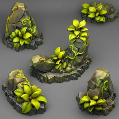 Tropical Rocks and Plant Terrain Set | Jungle Wargaming Scenery | 28mm or 32mm Scale - Plague Miniatures