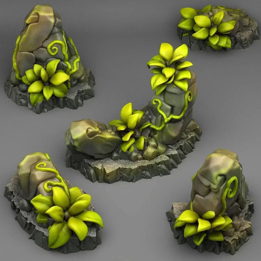 Tropical Rocks and Plant Terrain Set | Jungle Wargaming Scenery | 28mm or 32mm Scale - Plague Miniatures