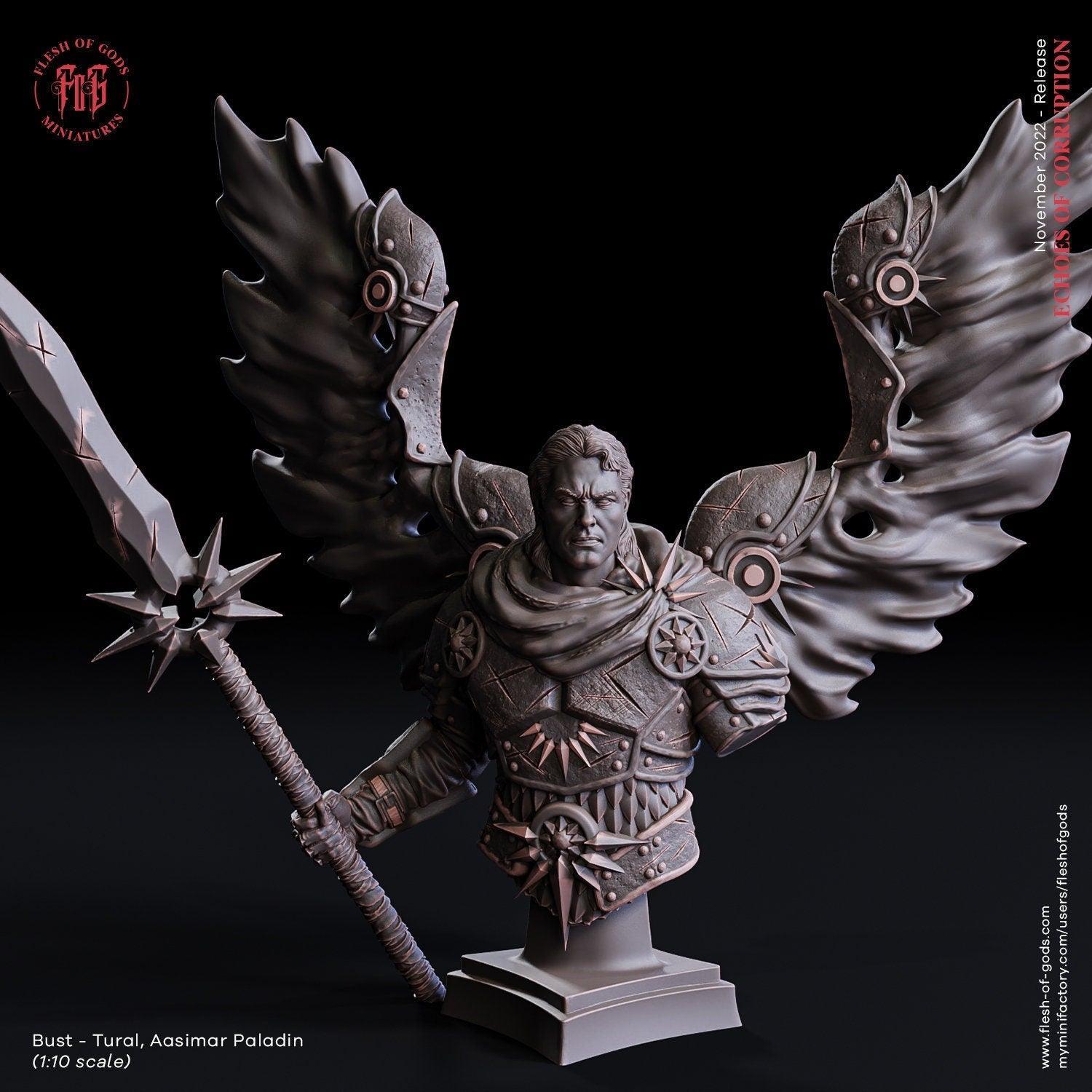 Tural, Aasimar Paladin Bust | Heroic Paladin Statue inspired by Tabletop Gaming - Plague Miniatures