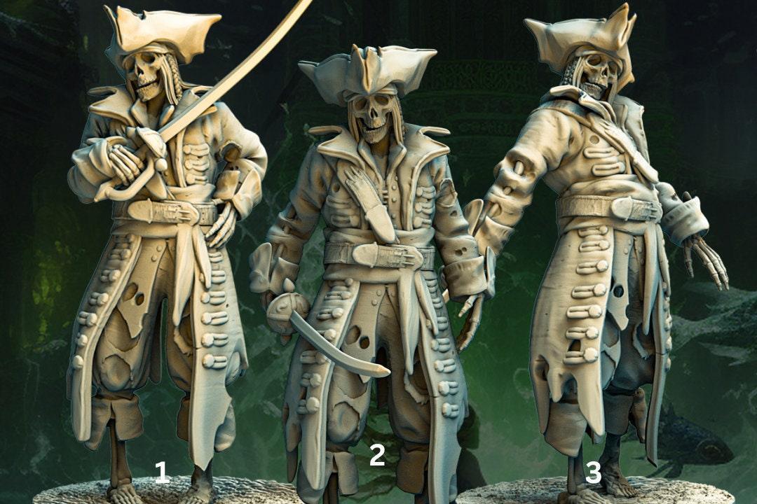 Undead Pirate Captain Miniature | Skeleton Monster for Tabletop RPGs | 3 poses | 32mm Scale - Plague Miniatures