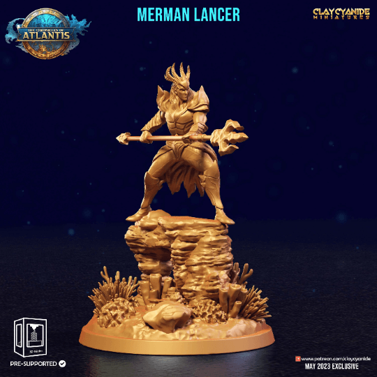 Merman Lancer Miniature Male Mermaid miniature | Clay Cyanide | Chronicles of Atlantis | DnD Miniature Dungeons and Dragons DnD 5e Underwater Knight Warrior - Plague Miniatures shop for DnD Miniatures