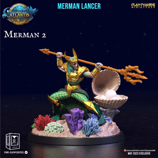 Merman Lancer Miniature Male Mermaid miniature | Clay Cyanide | Chronicles of Atlantis | DnD Miniature Dungeons and Dragons DnD 5e Underwater Knight Warrior - Plague Miniatures shop for DnD Miniatures
