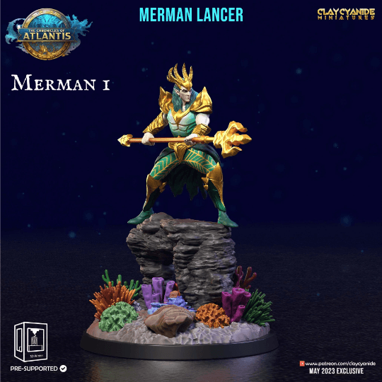 Merman Lancer Miniature Mermaid minaiture | Clay Cyanide | Chronicles of Atlantis | DnD Miniature Dungeons and Dragons DnD 5e Underwater Knight Warrior - Plague Miniatures shop for DnD Miniatures