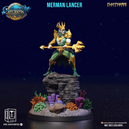 Underwater Lancer Mermen Miniature | Aquatic Spearman Brigade for Tabletop Games | 32mm Scale - Plague Miniatures