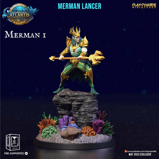 Underwater Lancer Mermen Miniature | Aquatic Spearman Brigade for Tabletop Games | 32mm Scale - Plague Miniatures