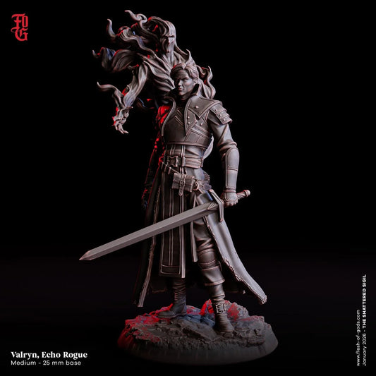 Valryn, Echo Rogue Miniature | Dark Magic Human Shadow Assassin Figurine | 32mm Scale or 75mm Scale - Plague Miniatures