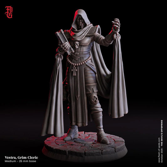 Vestra, Grim Cleric Miniature | Female Human Priest Figurine | 32mm Scale or 75mm Scale - Plague Miniatures