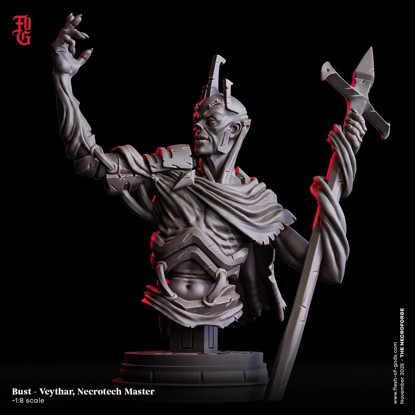 Veythar Necrotech Master bust 3D printed miniature, armored mage with staff, fantasy sculpture