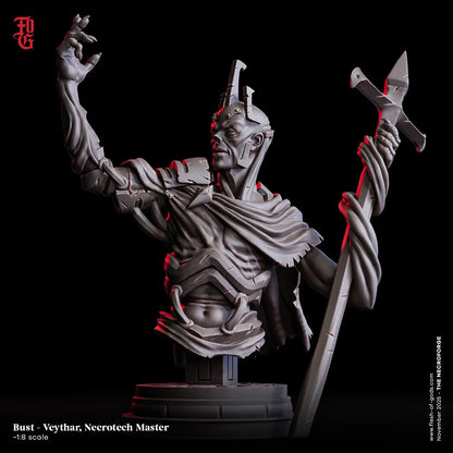 Veythar Necrotech Master bust 3D printed miniature, armored mage with staff, fantasy sculpture