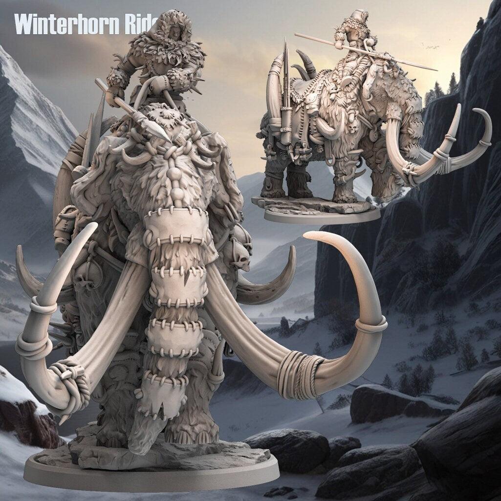 Winterhorn Rider Miniature | Mammoth-Mounted Tundra Warrior | 32mm Scale - Plague Miniatures