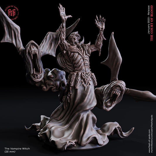 Witch Vampire Miniature with Bat Companions | Dark Fantasy Monster Figure | 32mm Scale - Plague Miniatures