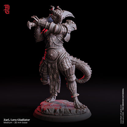 Zari, Lava Gladiator Miniature | Dragonborn Barbarian Figurine | 32mm Scale or 75mm Scale - Plague Miniatures