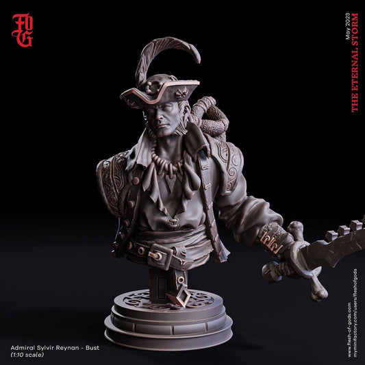 Admiral Silvyr Reynan Bust | Commanding Pirate Statue for DnD Collectors - Plague Miniatures
