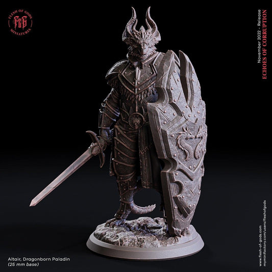 Altair Dragonborn Paladin Miniature | Heroic Figure for Dungeons and Dragons | 32mm Scale - Plague Miniatures