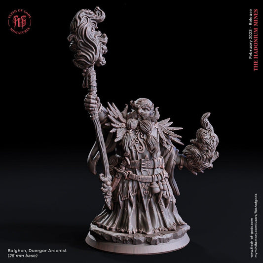 Balghon, Duergar Arsonist Miniature | Malevolent Dwarf Figurine | 32mm Scale or 75mm Scale - Plague Miniatures