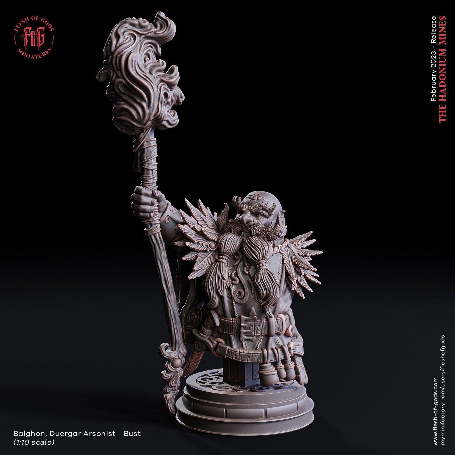 Balghon, Duergar Arsonist Miniature | Malevolent Dwarf Figurine | 32mm Scale or 75mm Scale - Plague Miniatures
