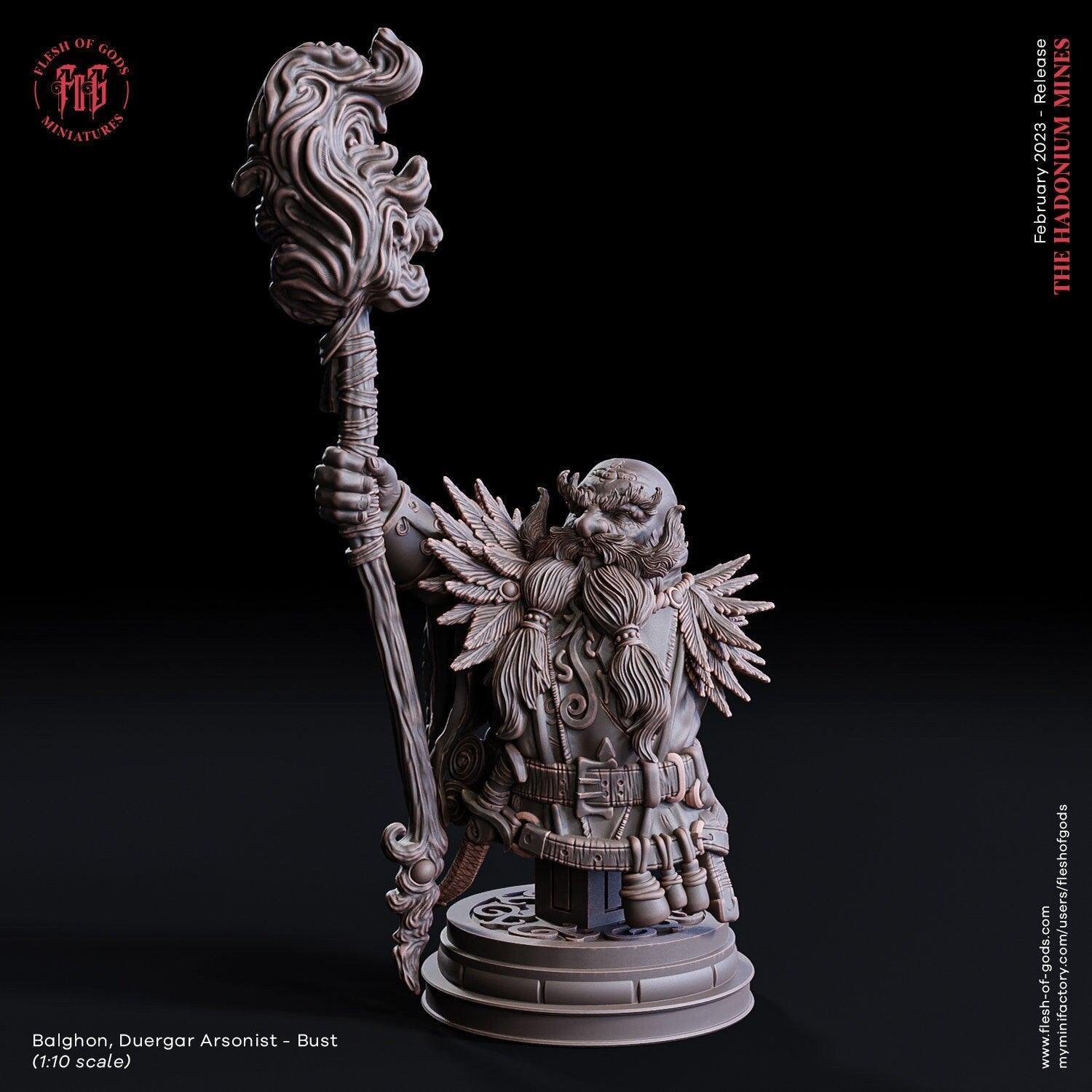 Balghon, Duergar Dwarf Arsonist Bust | Exquisite Resin Bust for Your Nerdy Decor - Plague Miniatures