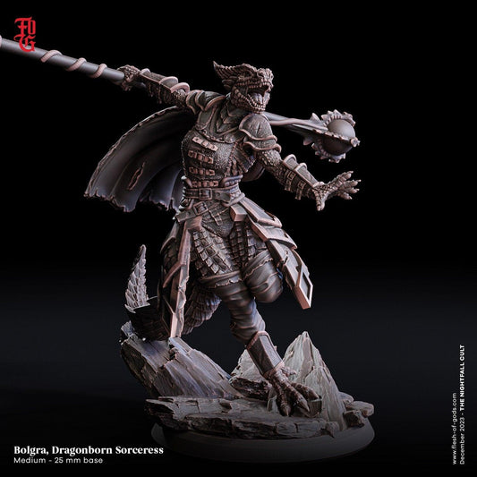 Bolgra, Dragonborn Sorceress Miniature | DnD Sorcerer Figurine | 32mm Scale or 75mm Scale - Plague Miniatures