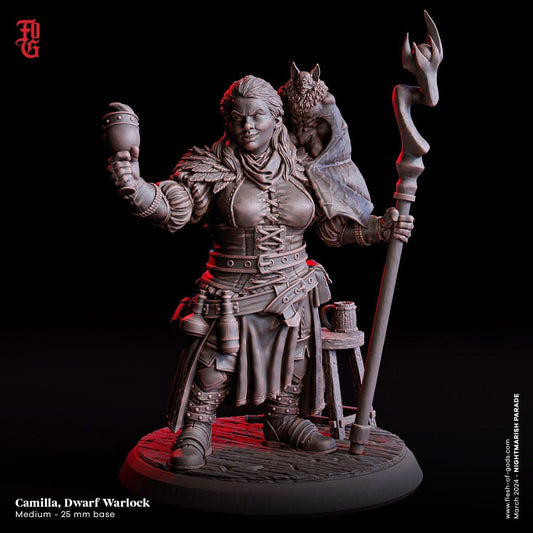 Camilla, Dwarf Warlock Miniature with Bat Companion | Spellcaster for Tabletop Games | 32mm Scale and 75mm Scale - Plague Miniatures