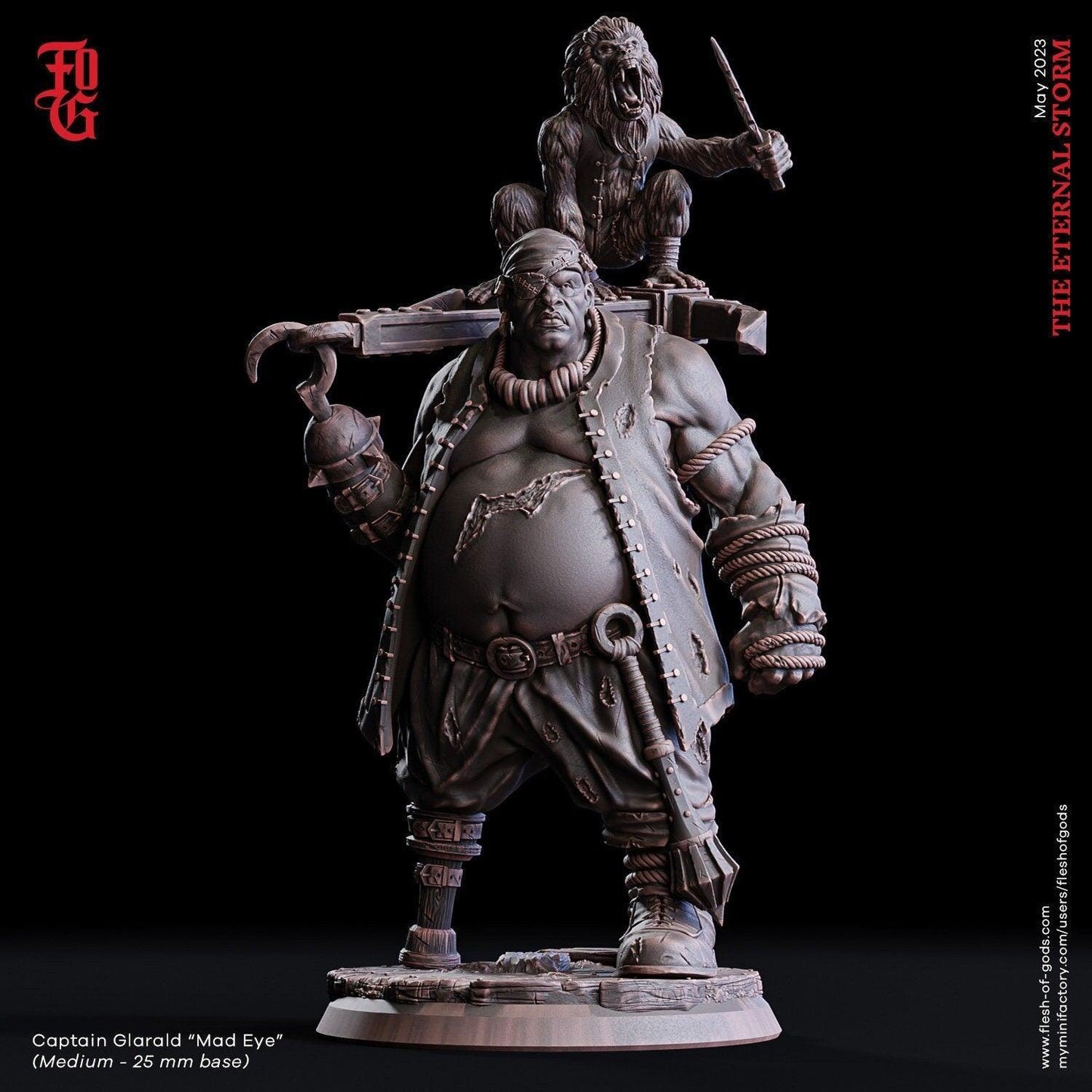 Captain Glarald 'Mad Eye' Miniature | Seafaring Commander with Pirate Monkey Companion for DnD Expeditions | 32mm Scale or 75mm Scale - Plague Miniatures