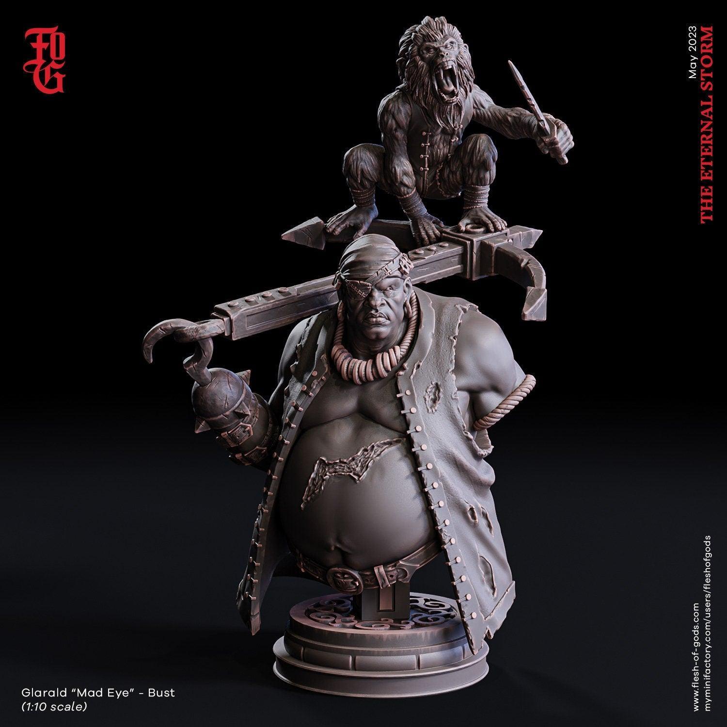 Captain Glarald 'Mad Eye' Miniature | Seafaring Commander with Pirate Monkey Companion for DnD Expeditions | 32mm Scale or 75mm Scale - Plague Miniatures
