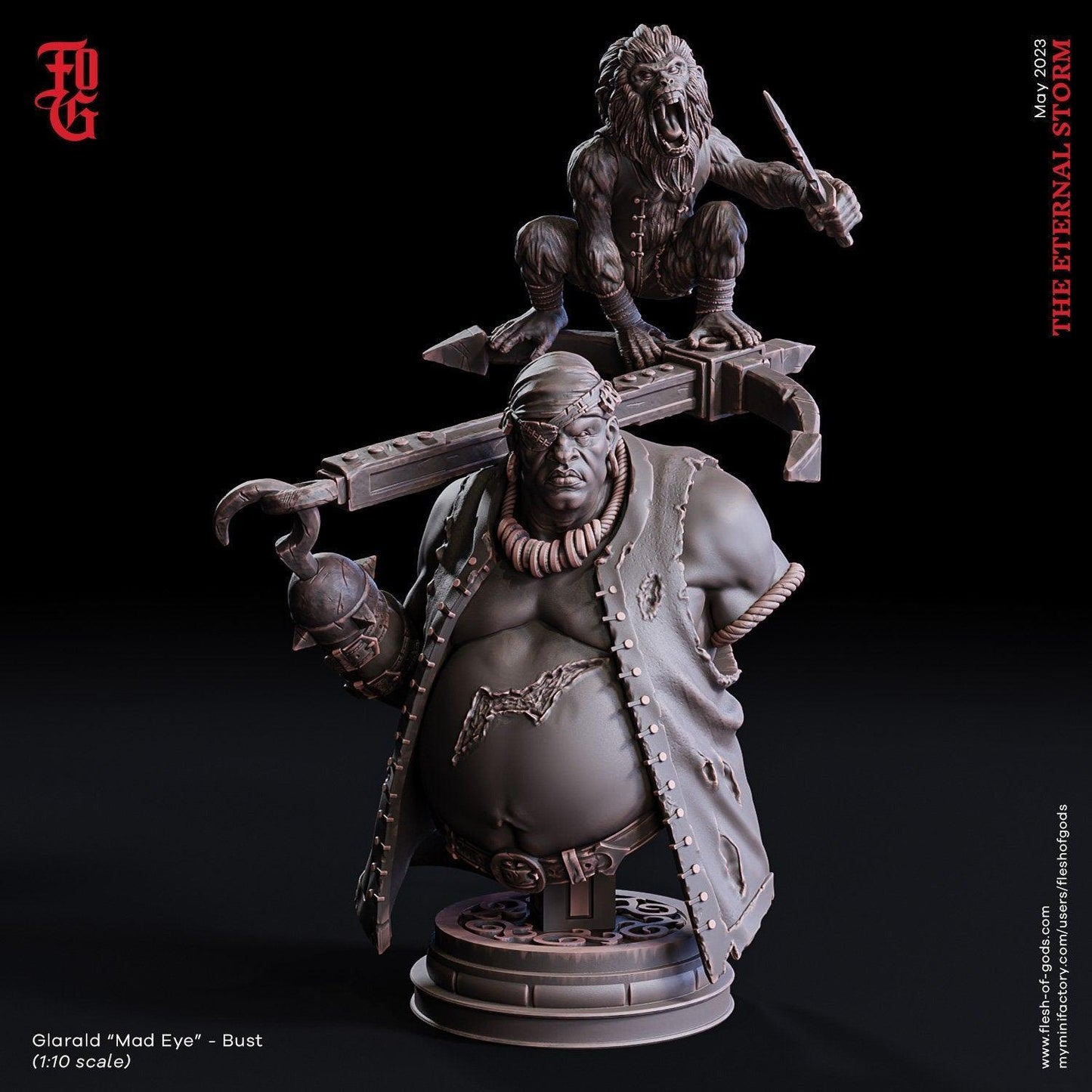 Captain Glarald 'Mad Eye' Miniature | Seafaring Commander with Pirate Monkey Companion for DnD Expeditions | 32mm Scale or 75mm Scale - Plague Miniatures